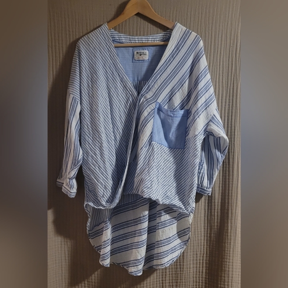 HOLDING HORSES Tops - Holding Horses Anthropologie Mimi Pieced Blue Mixed Strip Longline Wrap Top Sz L